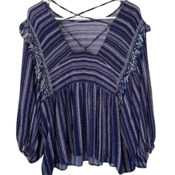 Blue Rain Navy Striped Peasant Blouse M: Boho Fringe, Criss-Cross Back, Cotton - Picture 3 of 9